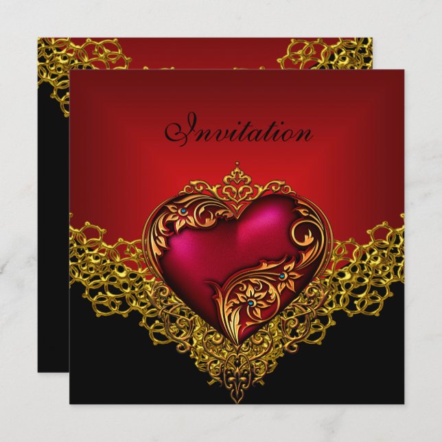 Lace Black Gold Deep Red Heart Jewel Party Invitation (Front/Back)