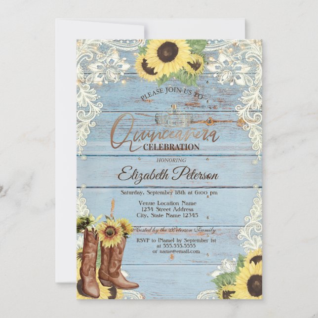 Lace,Boots Sunflowers Blue Wood Quinceañera  Invitation (Front)