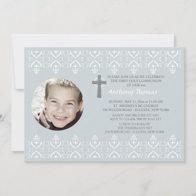 Lace Borders Blue Religious Photo Invitation (Front)