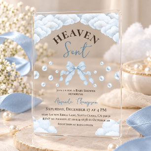 Lace Bow Pearl Boy Blue Heaven Sent Baby Shower Acrylic Invitations