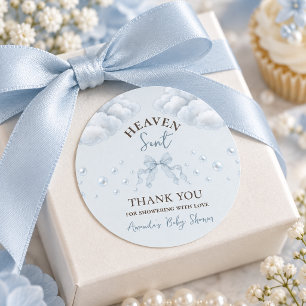 Lace Bow Pearl Boy Blue Heaven Sent Baby Shower Classic Round Sticker
