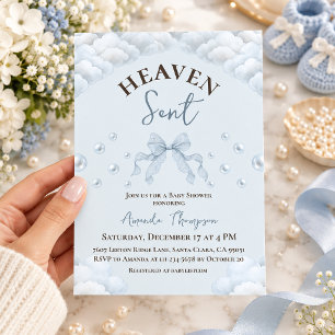 Lace Bow Pearl Boy Blue Heaven Sent Baby Shower Invitation