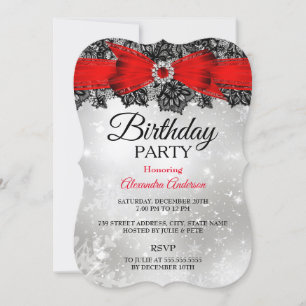 Lace Bow Silver Red birthday party Invitation