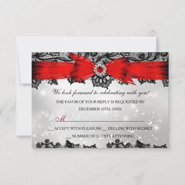 Lace & Bow Silver Red Christmas Holiday RSVP (Front)