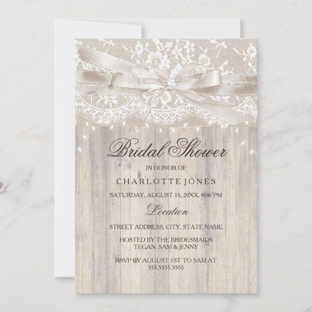 Lace Bow Sparkle Lights Rustic Bridal Shower Invitation (Front)