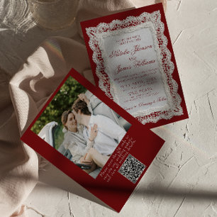 Lace Burgundy Old Money Photo QR Code Wedding Invitation