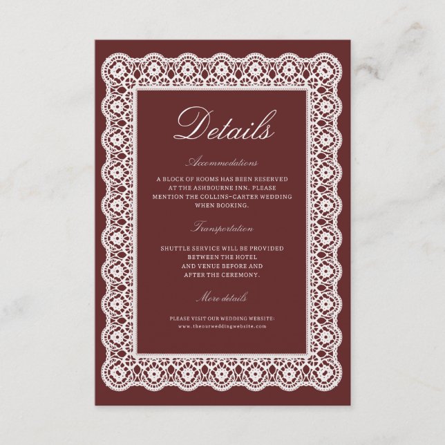 Lace Burgundy Wedding Details Enclosure Card (Front)