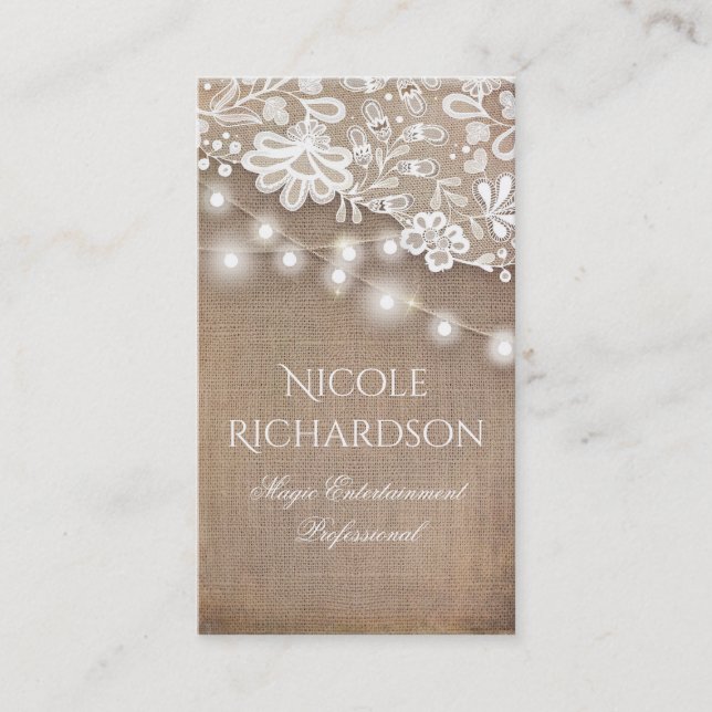 Lace Burlap and String Lights Rustic Country Business Card (Front)