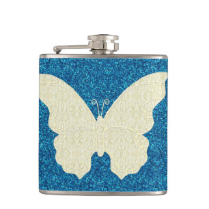 Lace Butterfly On Blue Glitter Flask