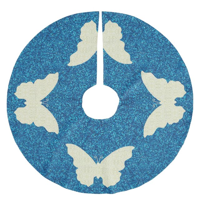 Lace Butterfly On Blue Glitter Tree Skirt (Front)