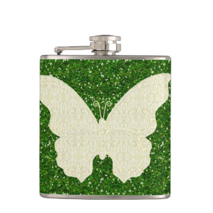 Lace Butterfly On Green Glitter Flask