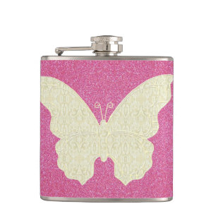 Lace Butterfly On Pink Glitter Flask