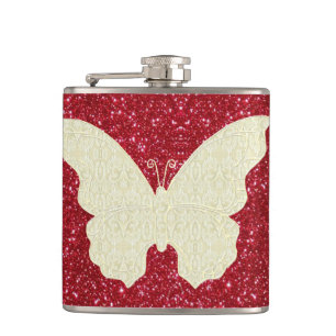Lace Butterfly On Red Glitter Flask