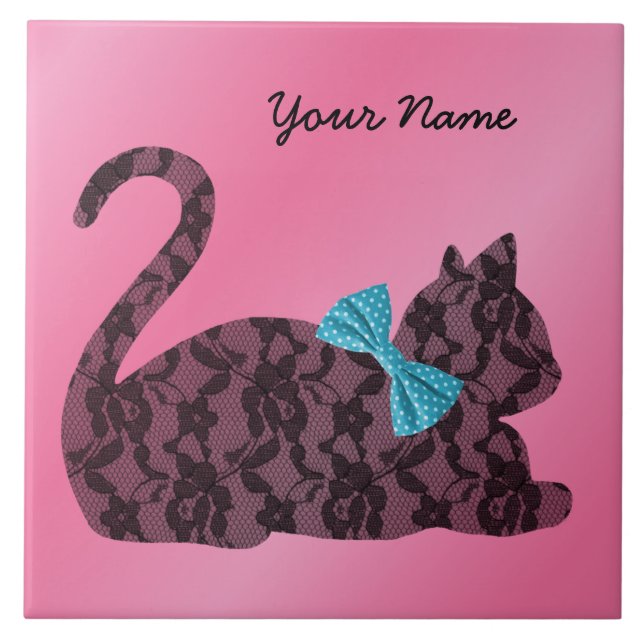 Lace Cat with Teal Bow - Pink Personalised Ceramic Tile (Front)