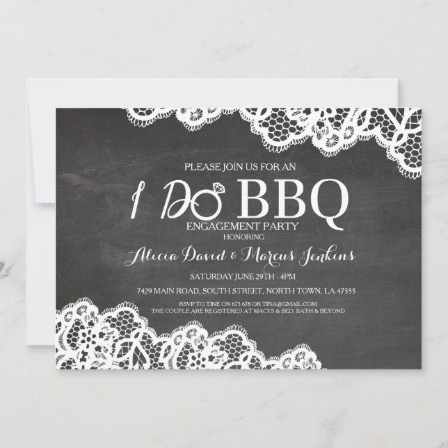 Lace Chalkboard I DO BBQ Engagement Party Invite (Front)