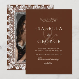 Lace Chocolate Brown Old Money Photo Wedding Invitation