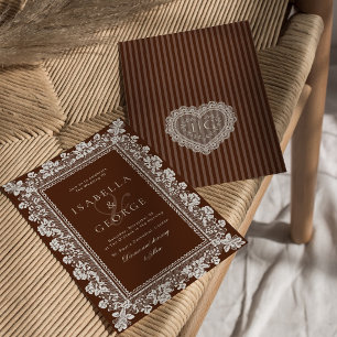 Lace Chocolate Brown Old Money Wedding Invitation