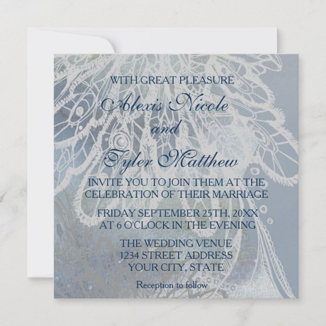 Lace Couple Silhouette Blue Wedding Invitation (Front)
