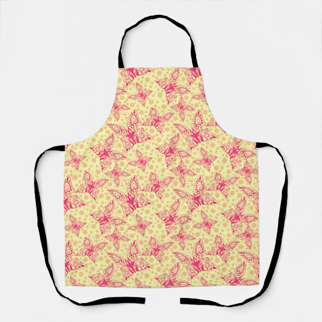 lace crimson butterflies on yellow polka dot  apron (Front)