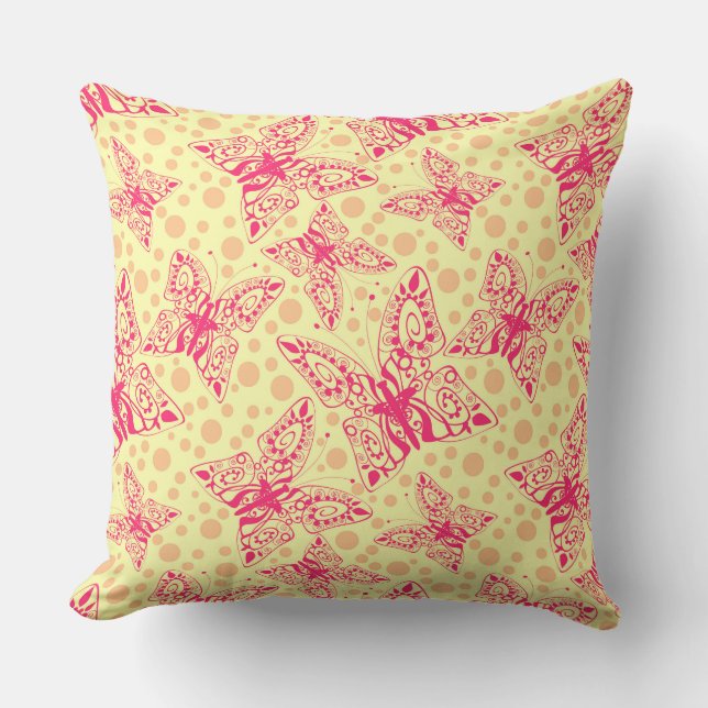 lace crimson butterflies on yellow polka dot  cushion (Front)