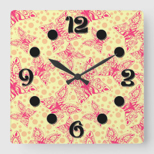 lace crimson butterflies on yellow polka dot square wall clock
