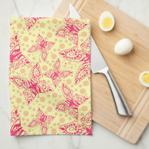 lace crimson butterflies on yellow polka dot tea towel