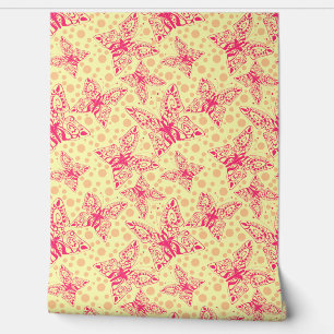 lace crimson butterflies on yellow polka dot wallpaper
