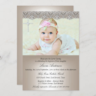 Lace Cross Baptism Christening Invitation