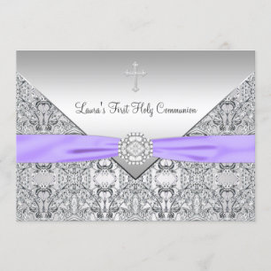 Lace Cross Girls Purple First Communion Invitation