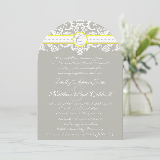Lace Damask Yellow Wedding Invitation (Standing Front)