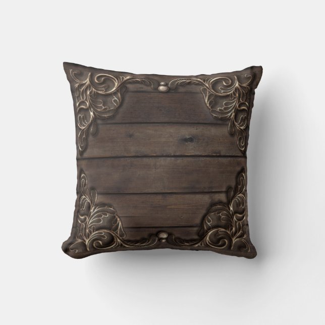 Lace & Dark Wood Rustic Vintage Western Farmhouse Cushion (Front)