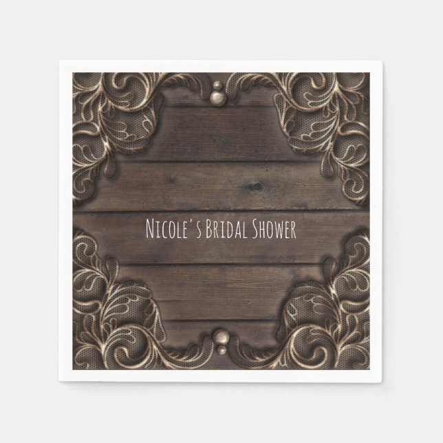 Lace & Dark Wood Rustic Vintage Western Wedding Napkin (Front)