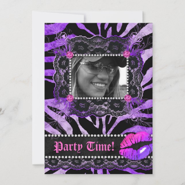 Lace Diamonds Birthday Party Zebra Purple Lips Invitation (Front)