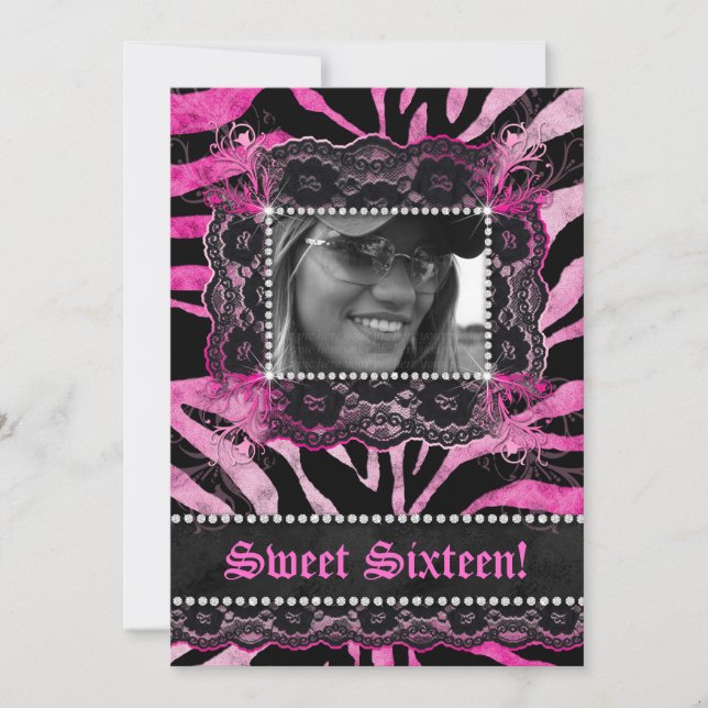Lace Diamonds Sweet 16 Birthday Grad Zebra Pink Invitation (Front)