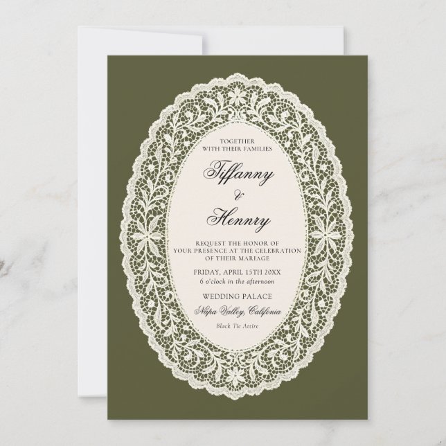 Lace Doily Olive Green Wedding Invitation (Front)