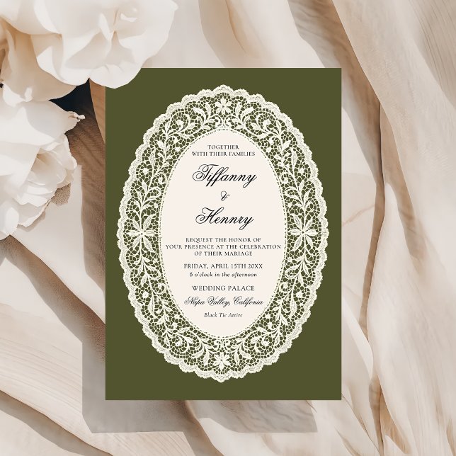 Lace Doily Olive Green Wedding Invitation (Creator Uploaded)
