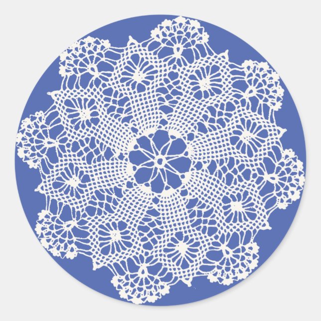 Lace Doily on Blue Classic Round Sticker (Front)