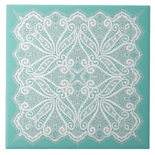 Lace doily teal white vintage old fashioned ceramic tile