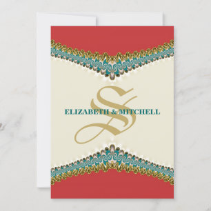 Lace Elegance : Red Teal Wedding Invitation