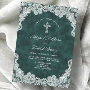 Lace Emerald Green Velvet Religious Wedding Invitation