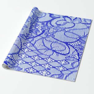 Lace fabric in blue. Royal Blue Couture Lace Patch Wrapping Paper