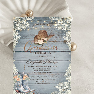 Lace Floral Boots Blue Wood Quinceañera   Invitation