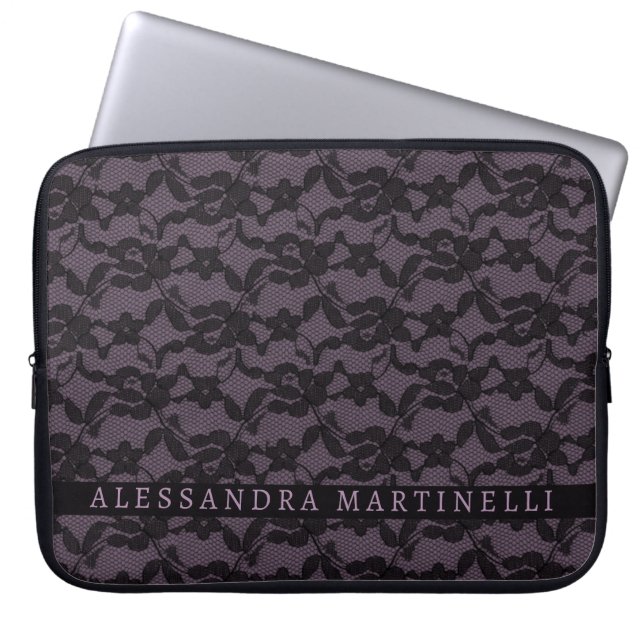 Lace Floral Laptop Sleeve – Personalised Lavender  (Front)