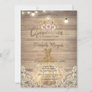 Lace,Floral Tiara,Lights,Dress Wood Quinceañera Invitation