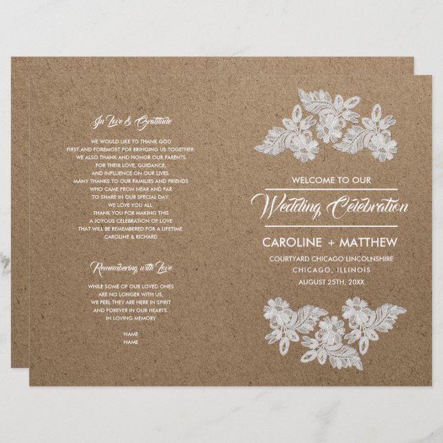 Lace Flowers | Kraft Paper Folded Wedding Programs (Front/Back)