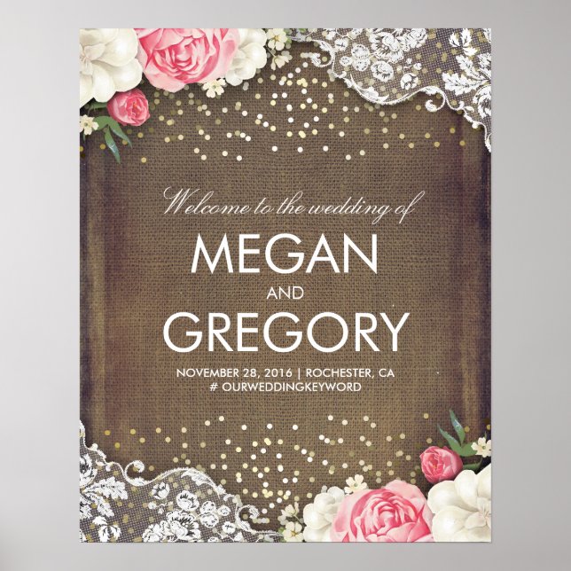 Lace Gold Burlap and Flowers Wedding Welcome Sign (Front)
