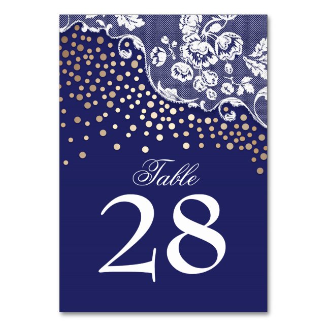 Lace Gold Confetti Navy Vintage Wedding Table Number (Front)