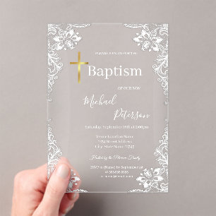 Lace Gold Cross Baptism Dusty Blue  Acrylic Invitations