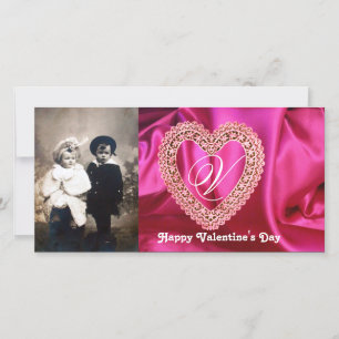 LACE HEART MONOGRAM SILK FUCHSIA CLOTH , Pink Red Holiday Card
