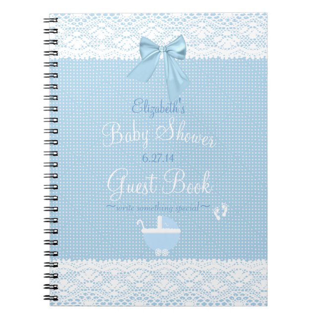Lace Image Blue Bow Pretty Baby Shower Guest Book- Notebook (Front)